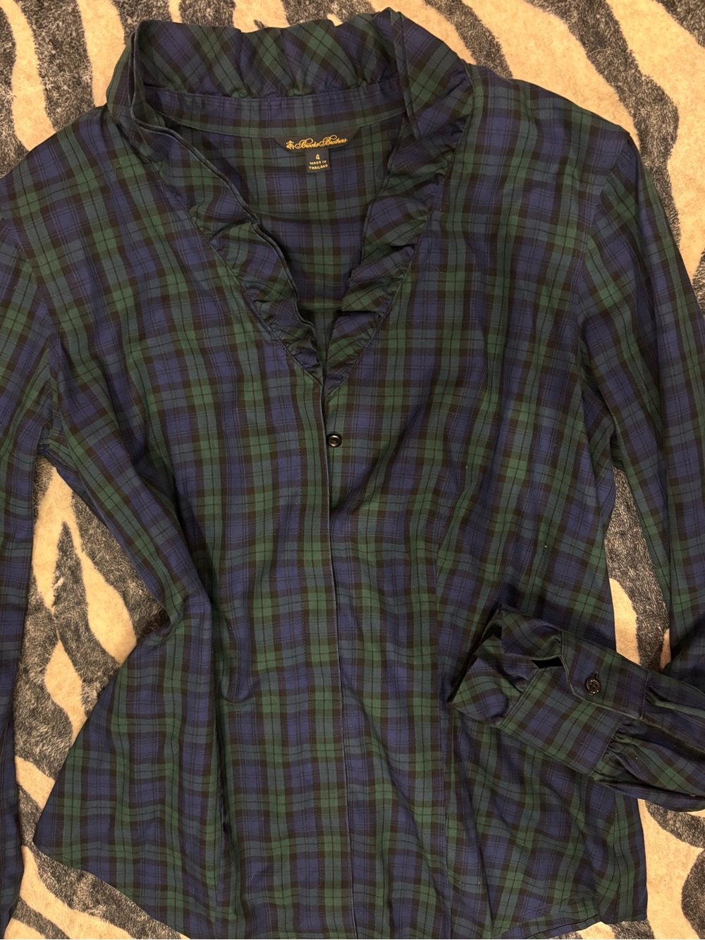 Brooks Brothers Black Watch Plaid Ruffle Neck Blouse Hidden Placket Size 4